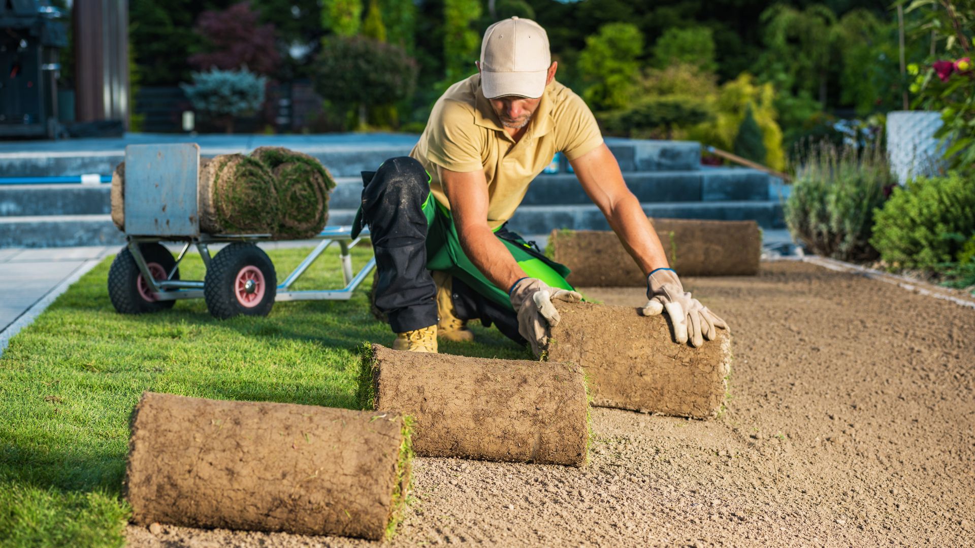 Professional crew installing fresh sod rolls on a prepared Maryland lawn